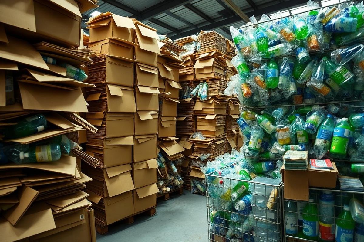 Fardos de papelão e garrafas plásticas organizados para reciclagem