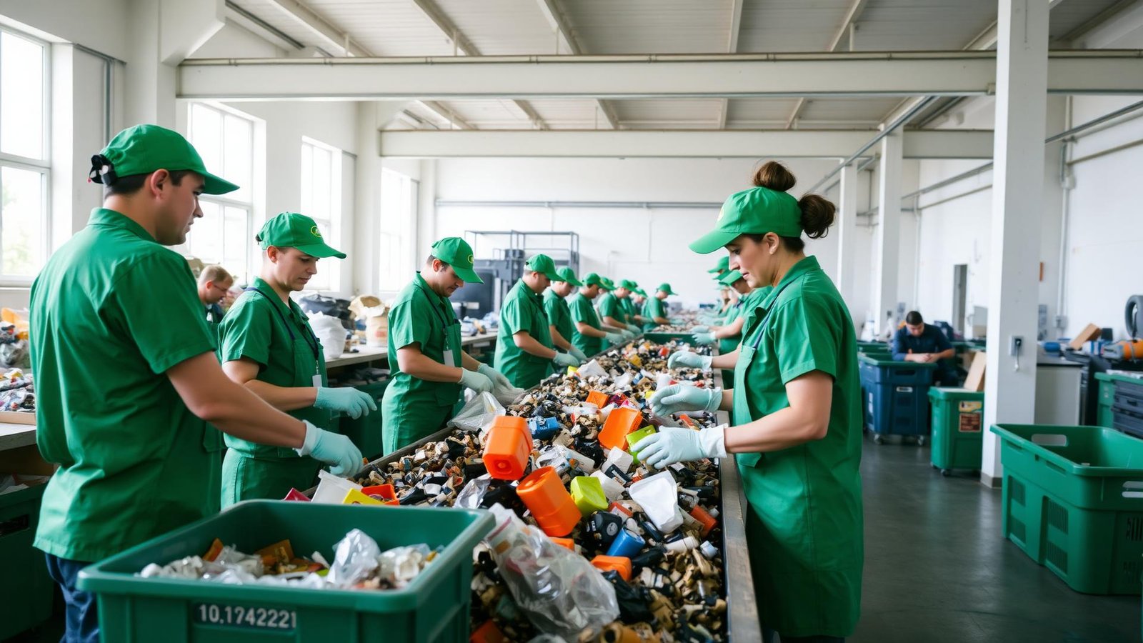 Cooperados uniformizados fazendo triagem de materiais recicláveis em galpão iluminado